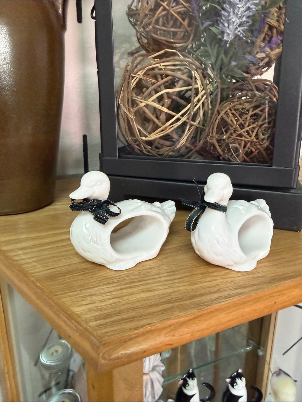 Pair of White Ceramic Duck Napkin Rings with Black Ribbon